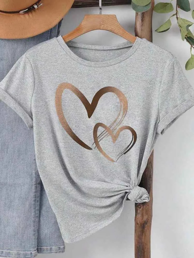 Summer New Fashion Women's Heart Printed T-shirt Trendy Casual Round Neck Top Short Sleeves Women T-shirt Women Clothing