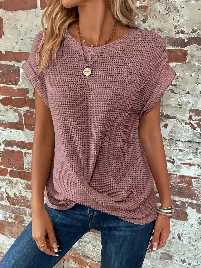 2024 New cross-border solid color round-collar T-shirt elegant short-sleeved twisted top spring and summer women's wear
