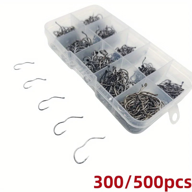 Carbon Steel Fishing Hook Set – 300pcs, Sizes 3-12, Barbed Sharp Hooks