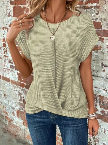 2024 New cross-border solid color round-collar T-shirt elegant short-sleeved twisted top spring and summer women's wear