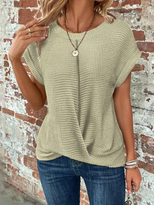 2024 New cross-border solid color round-collar T-shirt elegant short-sleeved twisted top spring and summer women's wear