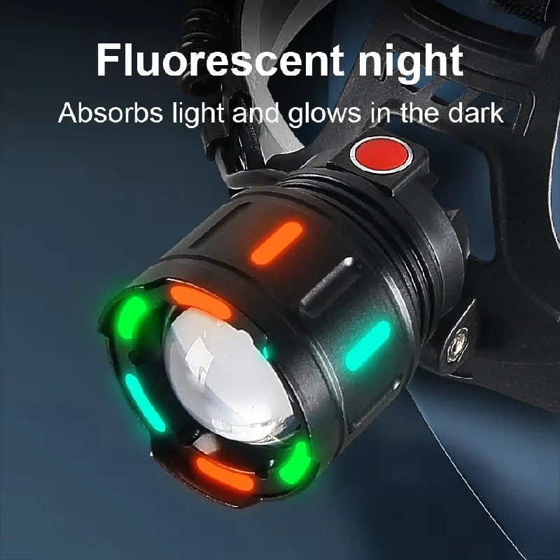High-Power LED Headlamp with IR Sensor – Rechargeable, 5000m Beam for Fishing & Camping