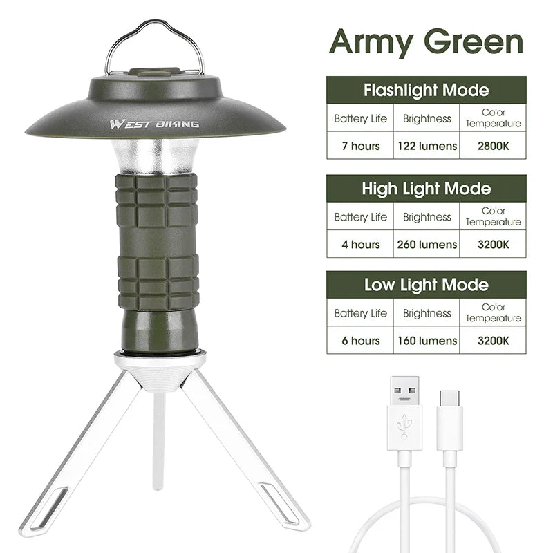 Portable Camping Flashlight – Type-C Rechargeable, Tripod & Lampshade Kit, 3 Colors