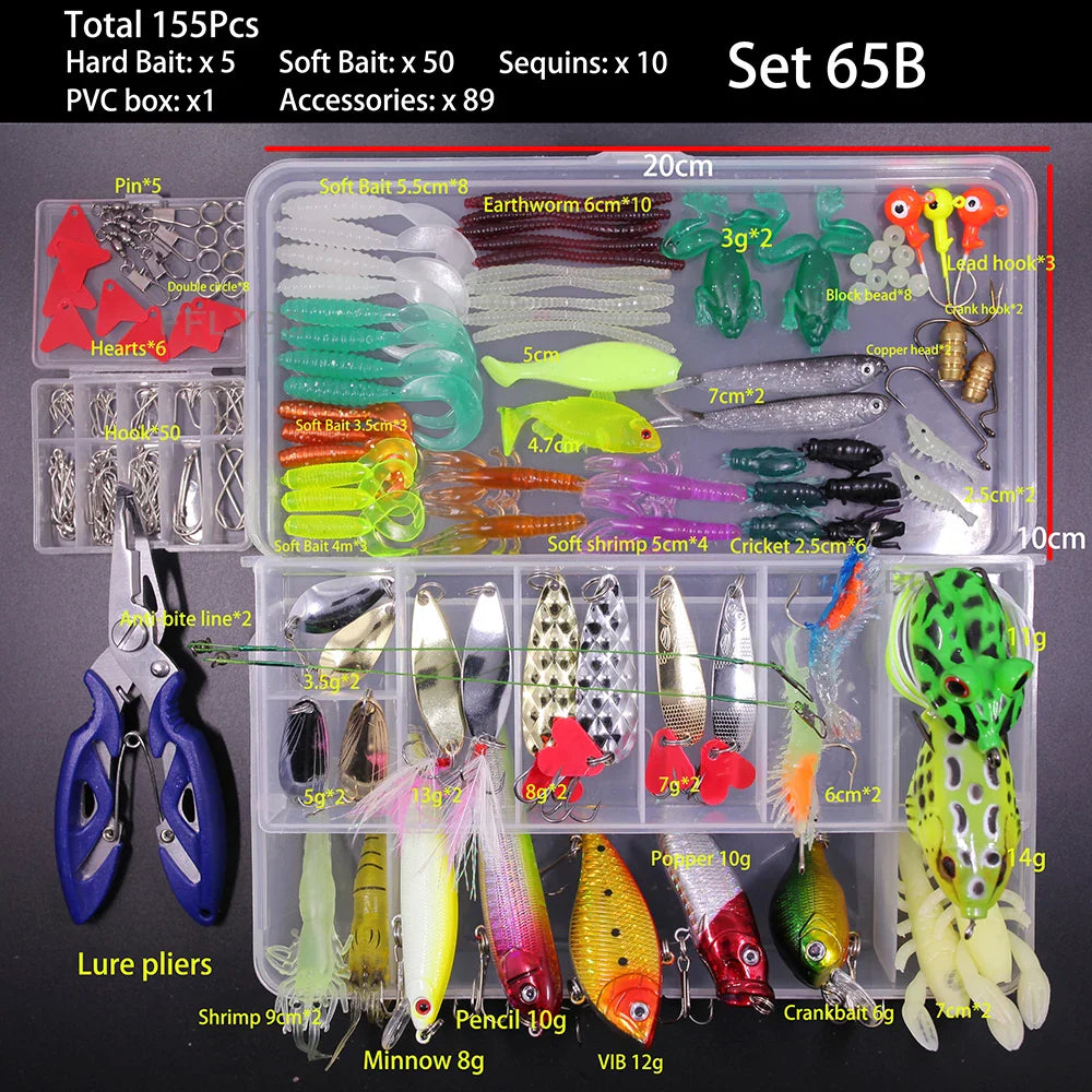 Mixed Fishing Lure Kit – Soft & Hard Baits, Minnow, VIB, Jig, Spoon, 13–182 Pieces