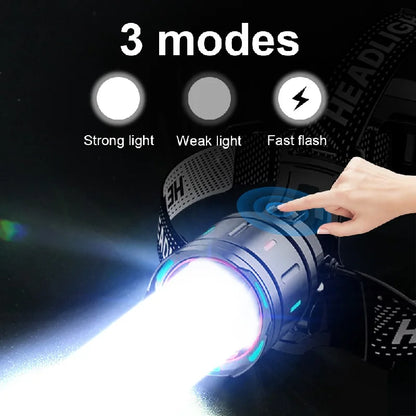 High-Power LED Headlamp with IR Sensor – Rechargeable, 5000m Beam for Fishing & Camping