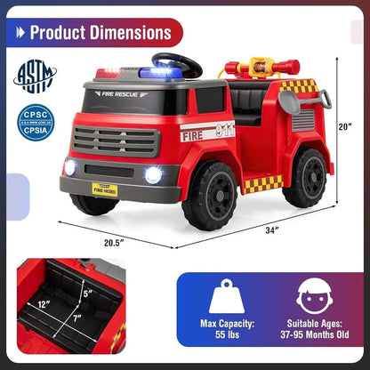 Kids Ride on Fire Truck, 12V Battery Powered Fire Car Toy w/Water Gun & Tank, Remote Control, Interphone, Shovel, 1 Seater