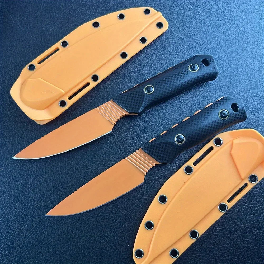 D2 Steel Fixed Blade Knife with Sheath – Titanium-Coated Stonewashed Camping Knife