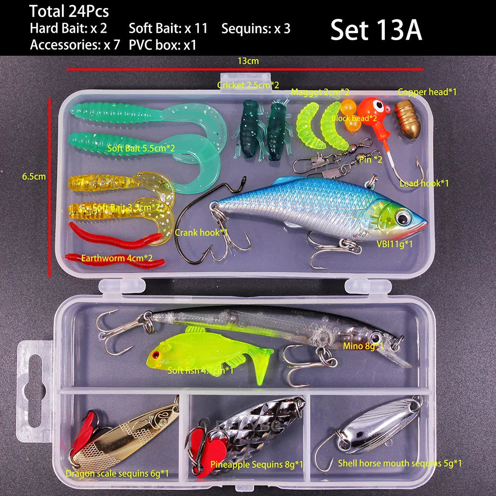 Mixed Fishing Lure Kit – Soft & Hard Baits, Minnow, VIB, Jig, Spoon, 13–182 Pieces