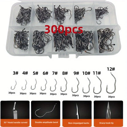 Carbon Steel Fishing Hook Set – 300pcs, Sizes 3-12, Barbed Sharp Hooks