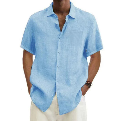 Cotton Linen Hot Sale Men's Short-Sleeved Shirts Summer Solid Color Turn-down collar Casual Beach Style Plus Size tops