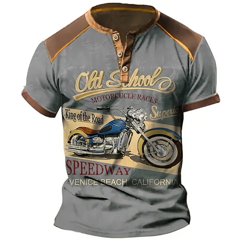 Summer Vintage Henley Shirts Motorcycle 3D Print Men's Casual Streetwear Button-Down Short Sleeve T Shirt Man Tees Tops Clothing