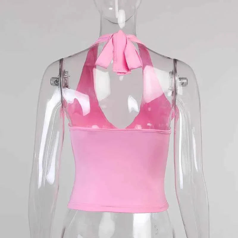 Summer Halter Camisole Tank Top Women V-Neck Sexy Tanks Camis Skinny Backless Pink Corset Tee Shirt Femme Tops WomanT-shirt