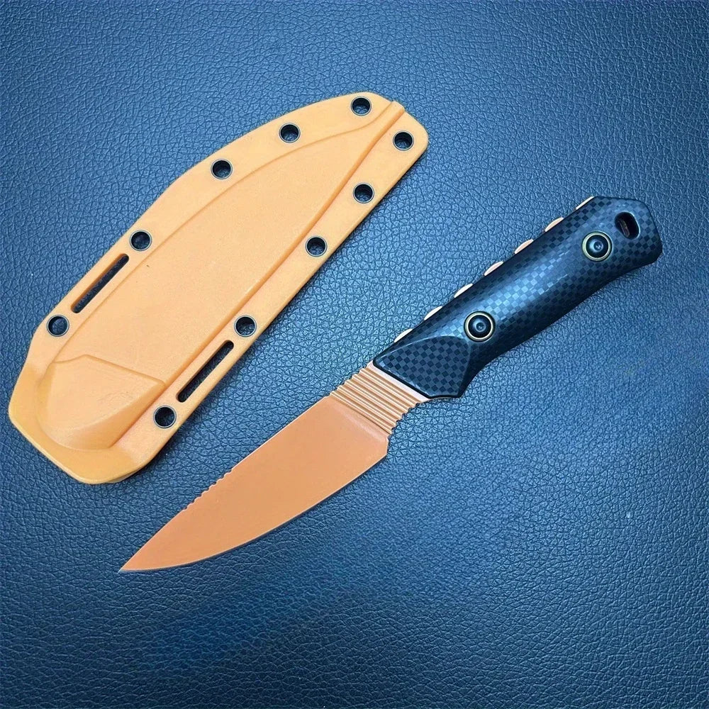 D2 Steel Fixed Blade Knife with Sheath – Titanium-Coated Stonewashed Camping Knife