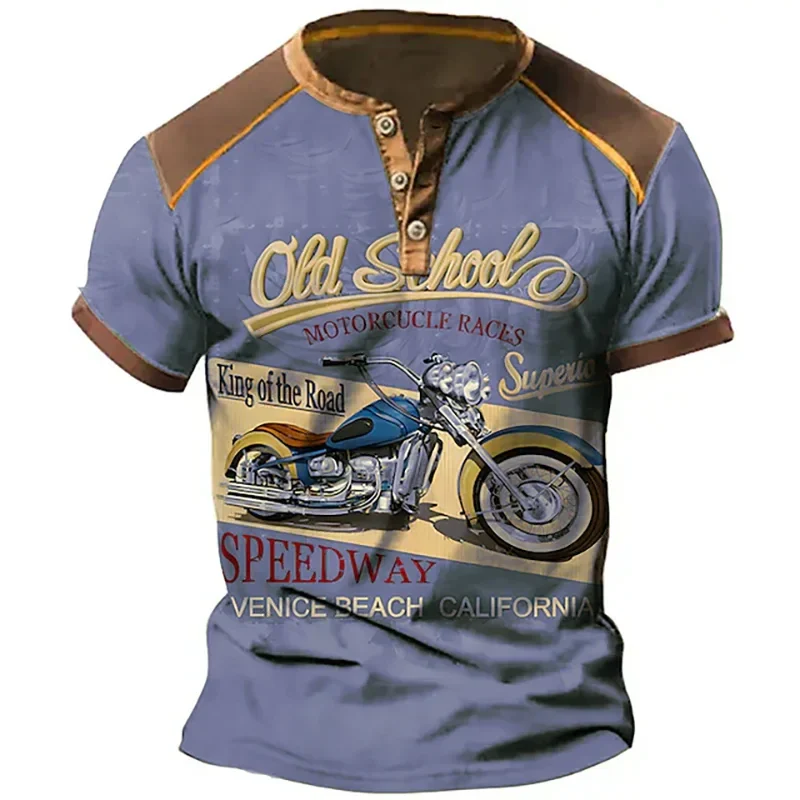 Summer Vintage Henley Shirts Motorcycle 3D Print Men's Casual Streetwear Button-Down Short Sleeve T Shirt Man Tees Tops Clothing