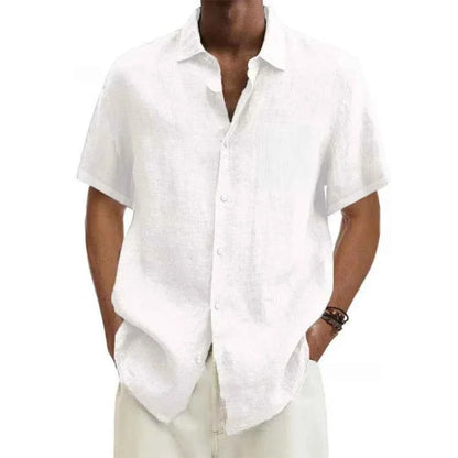 Cotton Linen Hot Sale Men's Short-Sleeved Shirts Summer Solid Color Turn-down collar Casual Beach Style Plus Size tops