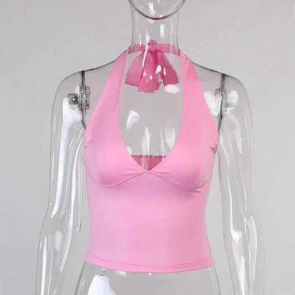 Summer Halter Camisole Tank Top Women V-Neck Sexy Tanks Camis Skinny Backless Pink Corset Tee Shirt Femme Tops WomanT-shirt