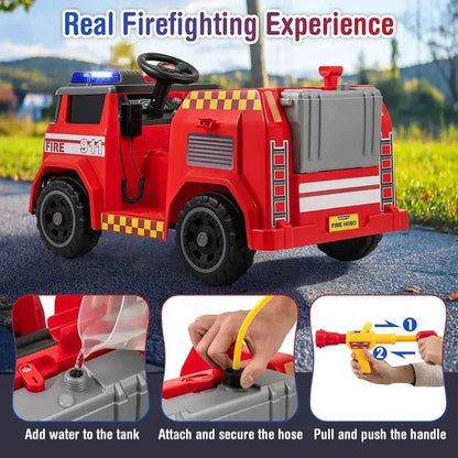 Kids Ride on Fire Truck, 12V Battery Powered Fire Car Toy w/Water Gun & Tank, Remote Control, Interphone, Shovel, 1 Seater