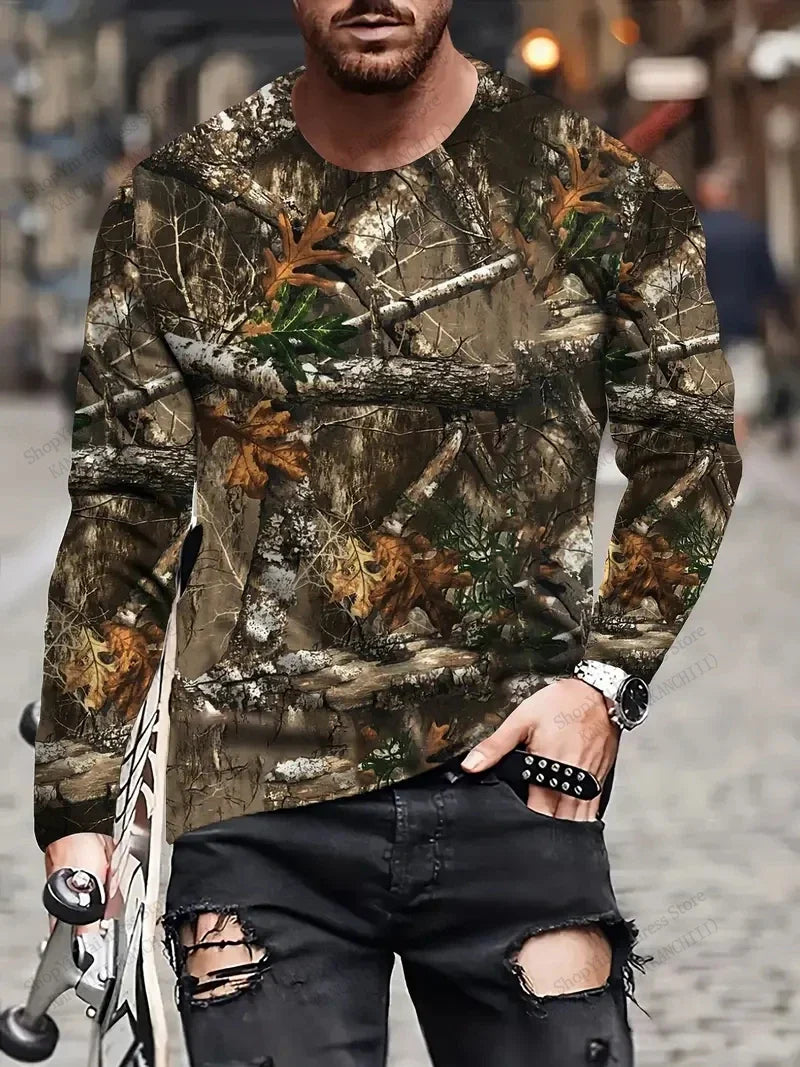 Men's 3D Tree Camo Long Sleeve T-Shirt – Oversized Outdoor Tee