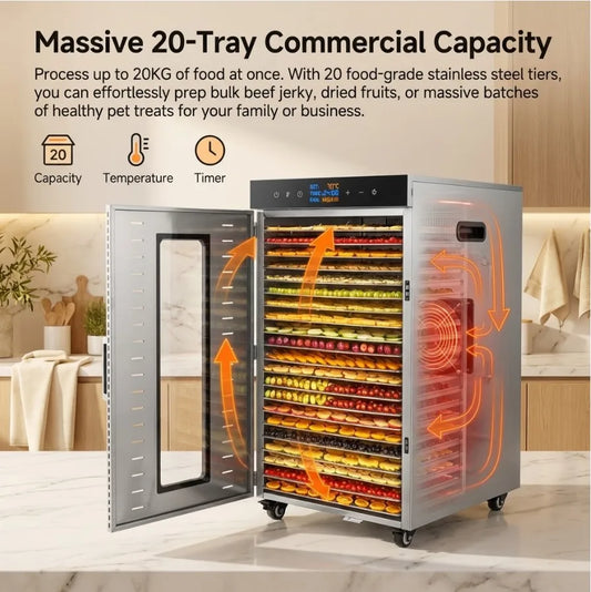 2000W Commercial Food Dehydrator 20 Trays Stainless Steel Jerky Maker 110V 220V Meat Fruit Dryer Machine 30-90℃ Pet Treat
