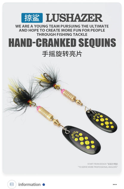 Metal Rotating Spinner Fishing Lure – Spoon Sequins Wobbler with Feather Hooks 3.5g/4.5g/7g/9g/12g