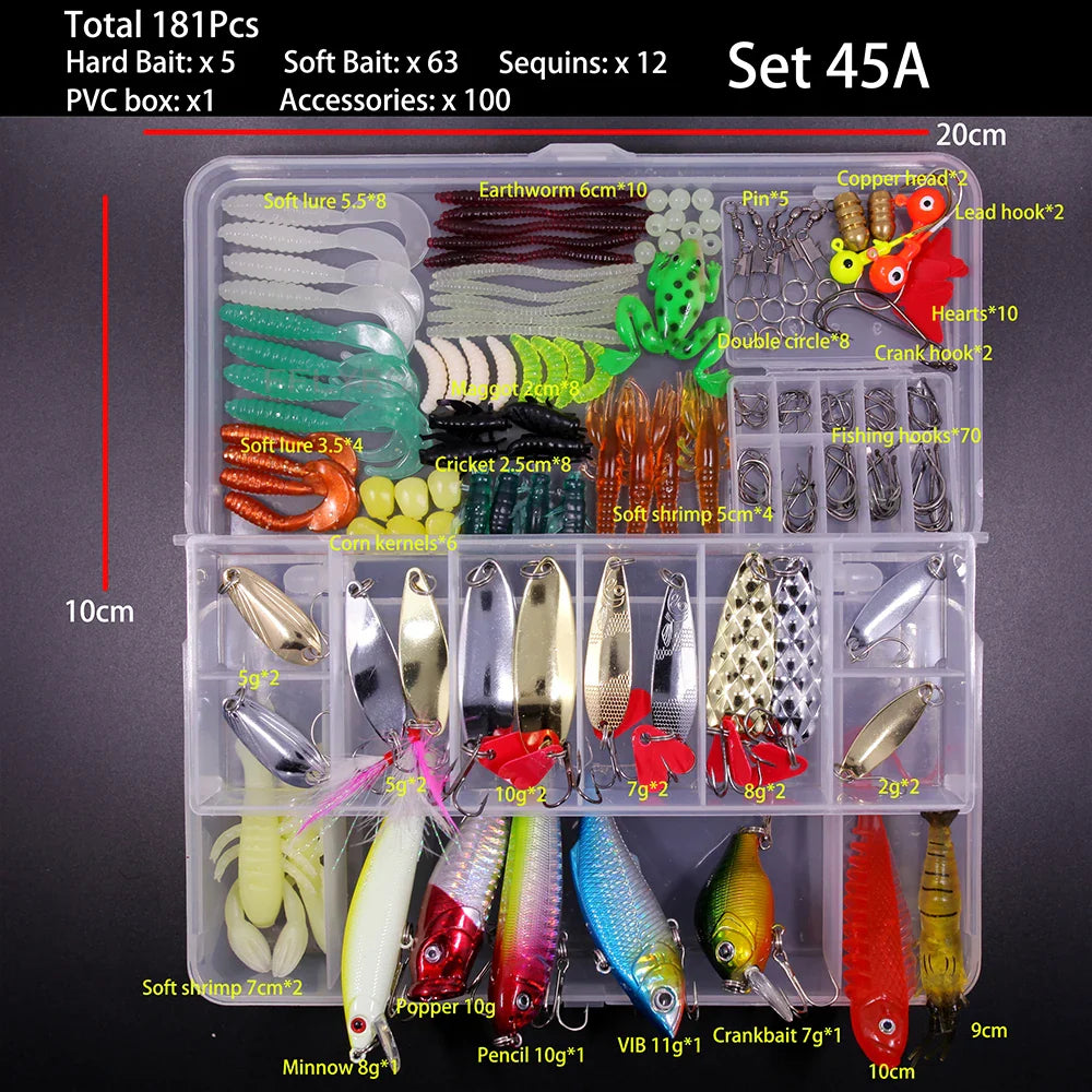Mixed Fishing Lure Kit – Soft & Hard Baits, Minnow, VIB, Jig, Spoon, 13–182 Pieces