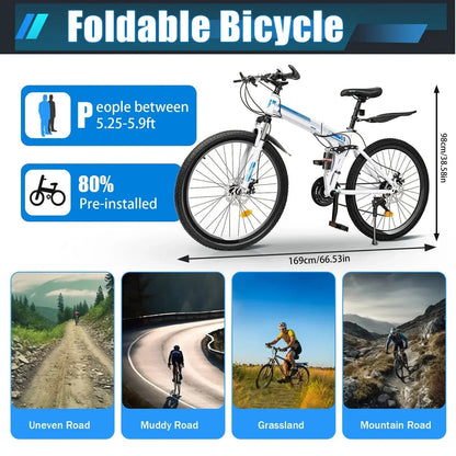 26" Folding Mountain Bike 21-Speed Dual Disc Brakes Men's MTB for Commuting Outdoor Sports