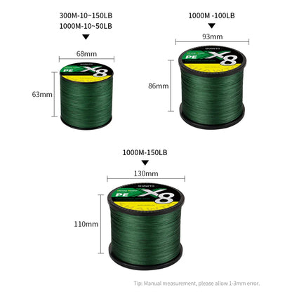 8-Strand PE Braided Fishing Line – 10–150LB, 300m/1000m, Saltwater & Freshwater