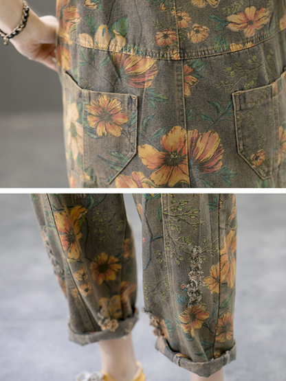 Wildflower Print Dungarees - Loose Tapered Leg Fit