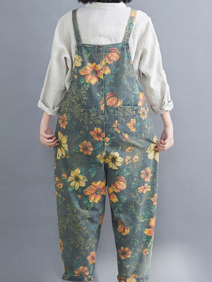 Wildflower Print Dungarees - Loose Tapered Leg Fit