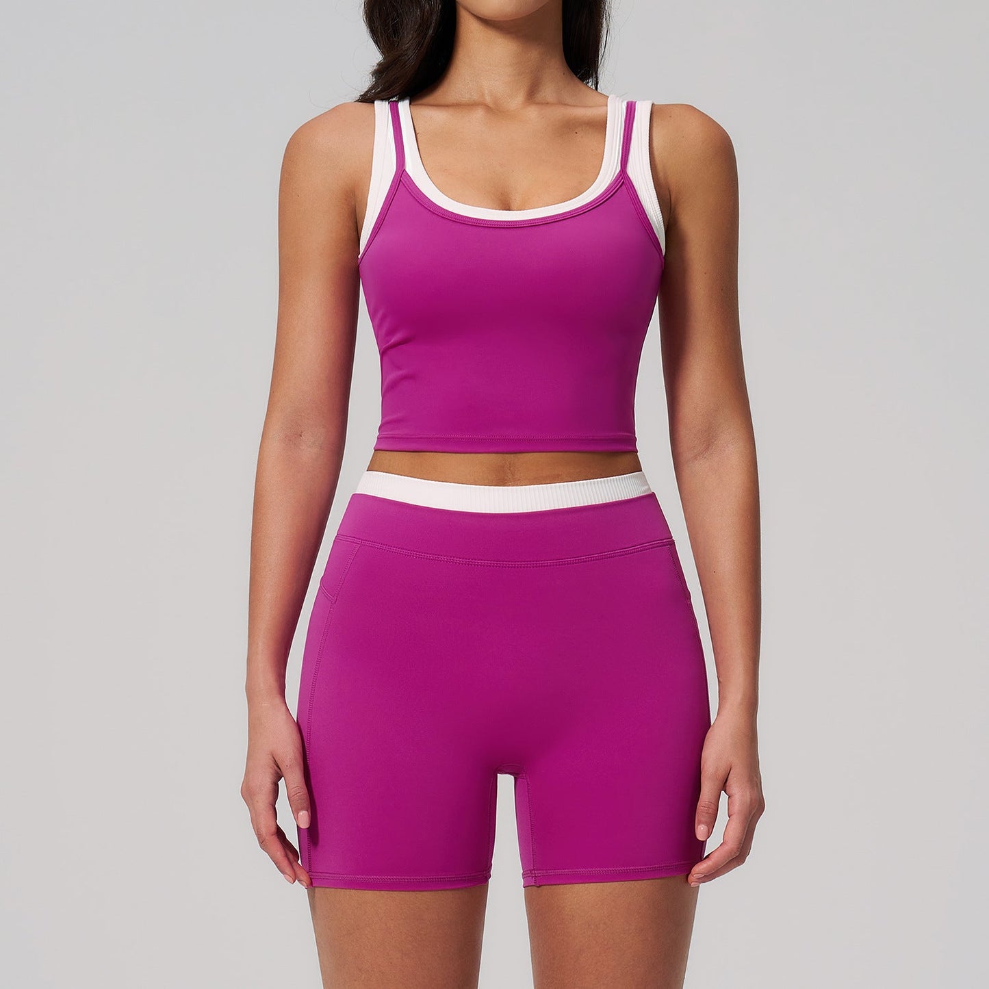 Women's Contrast Yoga Vest & Shorts or Leggings Set – Active Workout Set