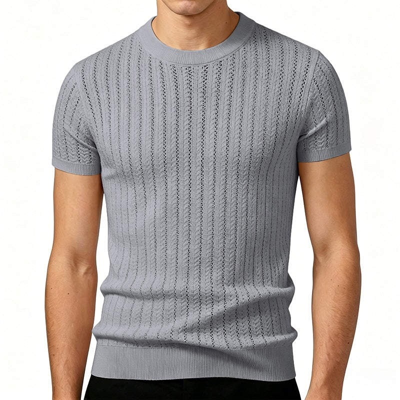Men's Striped Rayon Knit Short-Sleeve Sweater