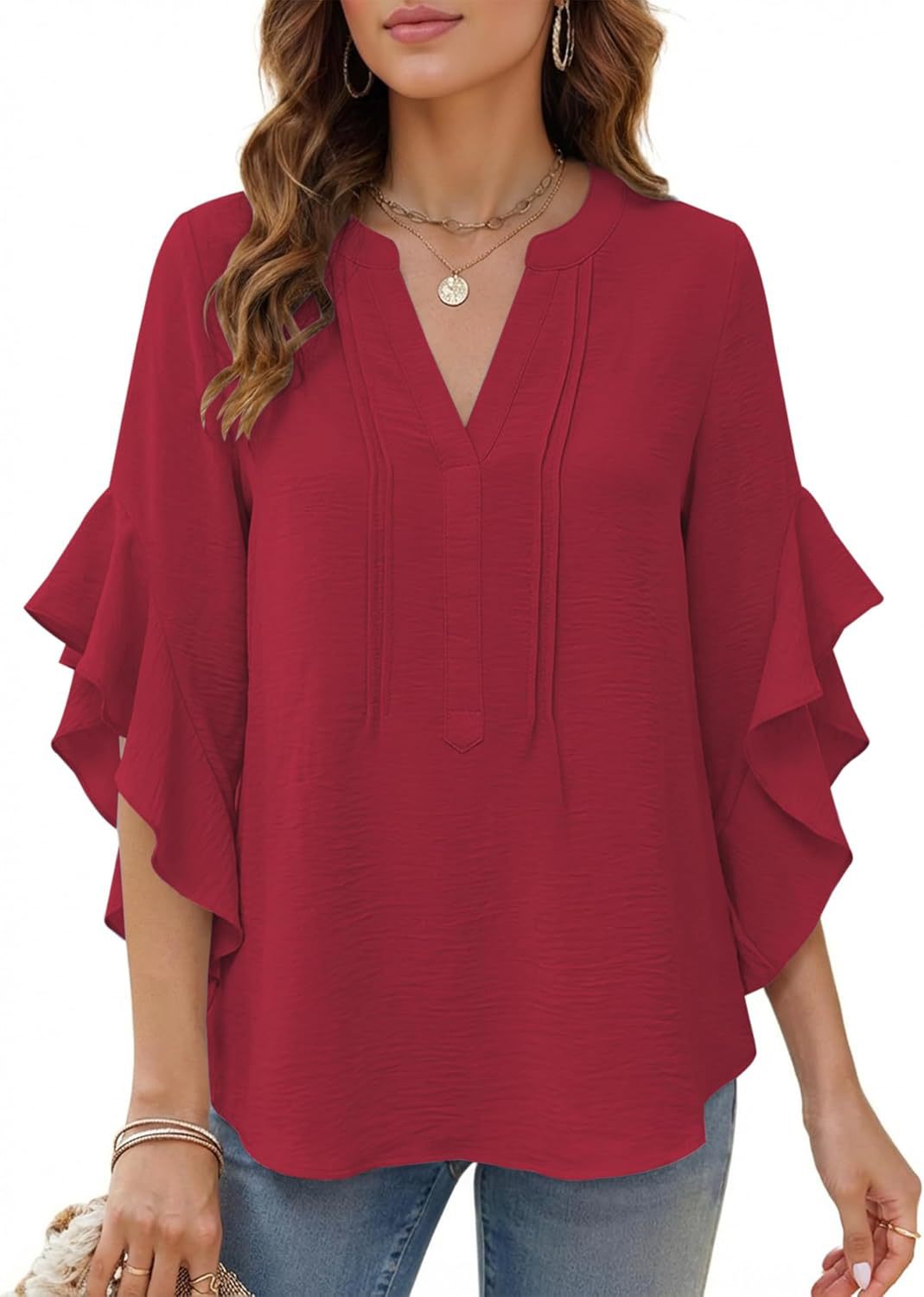 Women's V-Neck Ruffle-Sleeve Loose Casual Shirt – 5 Colors