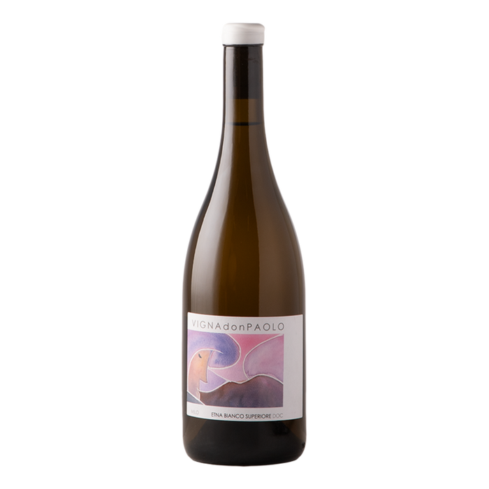 White wine bottle, amber glass, foil cap, front label with abstract art