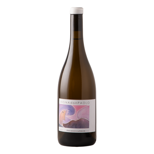 White wine bottle, amber glass, foil cap, front label with abstract art
