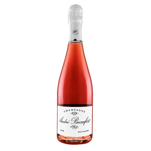 Andre Beaufort Polisy Rosé champagne bottle with foil wrap and white label