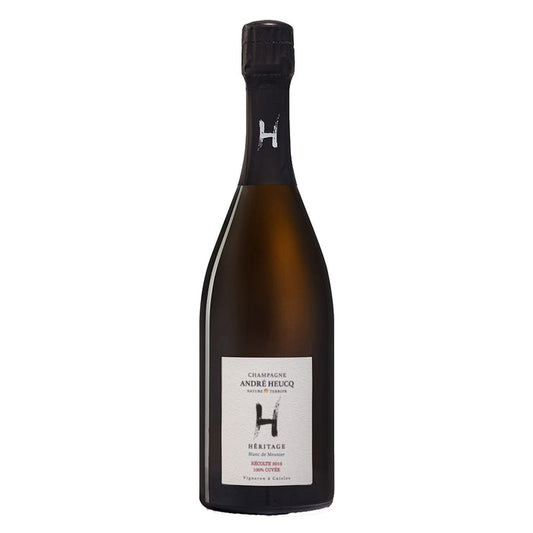 Andre Heucq champagne bottle with dark glass and white label