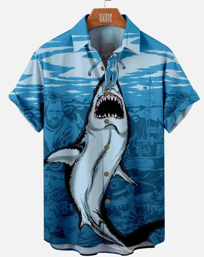 Men's Great White Shark Print Hawaiian Shirt