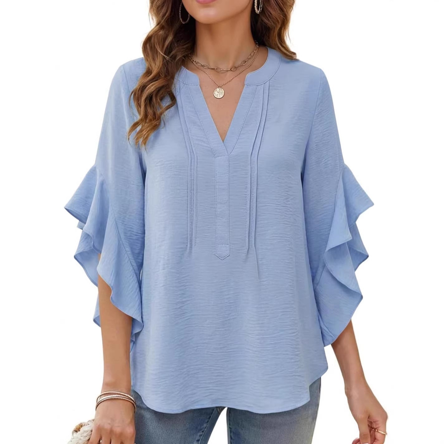 Women's V-Neck Ruffle-Sleeve Loose Casual Shirt – 5 Colors