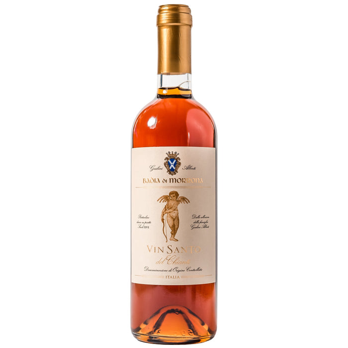 Badia di Morrona Vin Santo of Chianti 2016 wine bottle, gold cap, amber glass