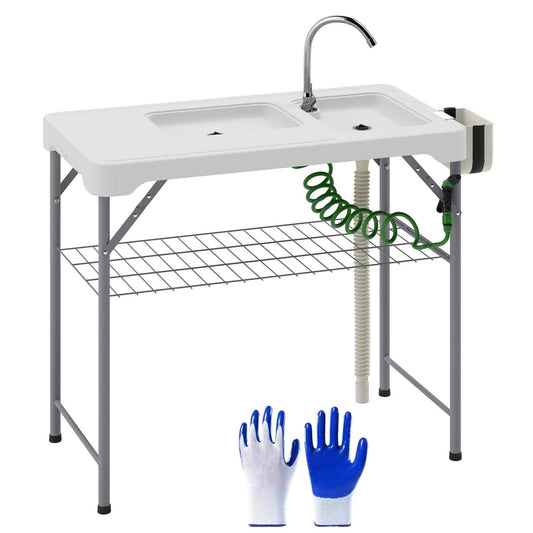 Deluxe Folding Fish Cleaning Table with Dual Sinks, Drawer & Storage Basket
