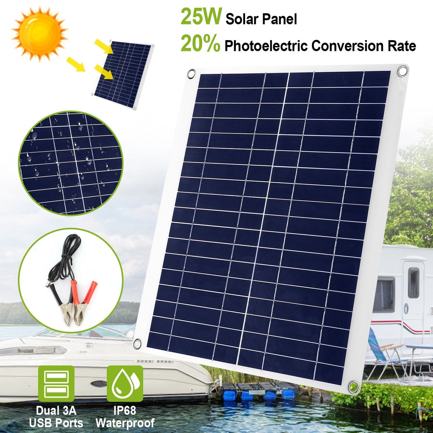 25W Flexible Solar Panel Charger – IP68 Waterproof, 12V with Dual USB Ports for RV, Car, Boat & Camping