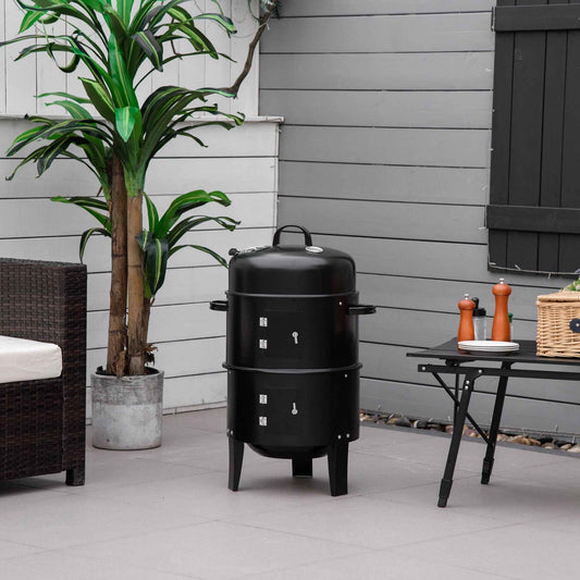 3-in-1 Vertical Charcoal BBQ Smoker Grill – Two-Tier, Built-In Thermometer