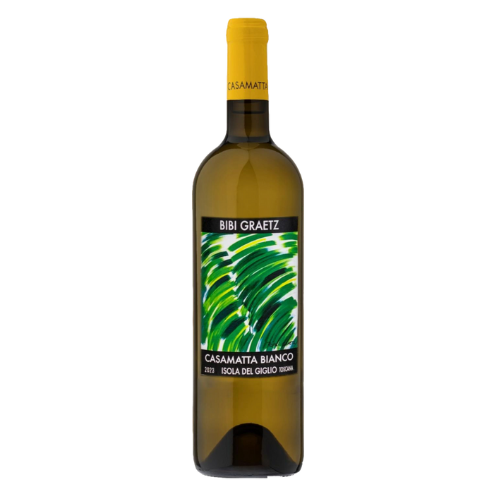 Casamatta Bianco wine bottle with gold cap and green label illustration