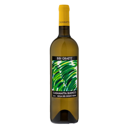 Casamatta Bianco wine bottle with gold cap and green label illustration