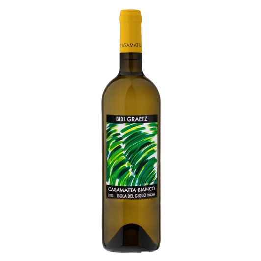 Casamatta Bianco wine bottle with gold cap and green label illustration