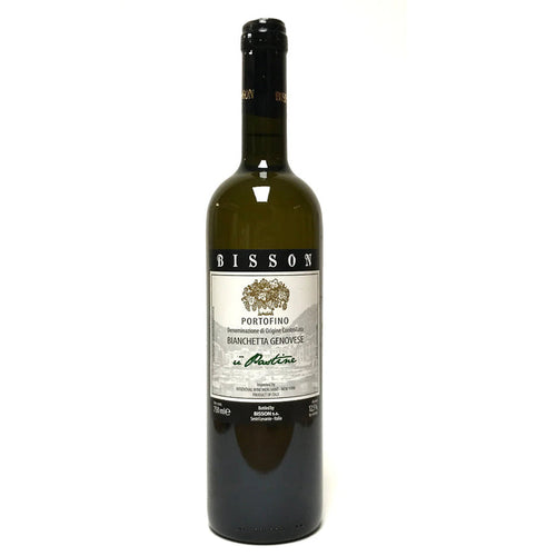 Bisson wine bottle with white label and dark glass
