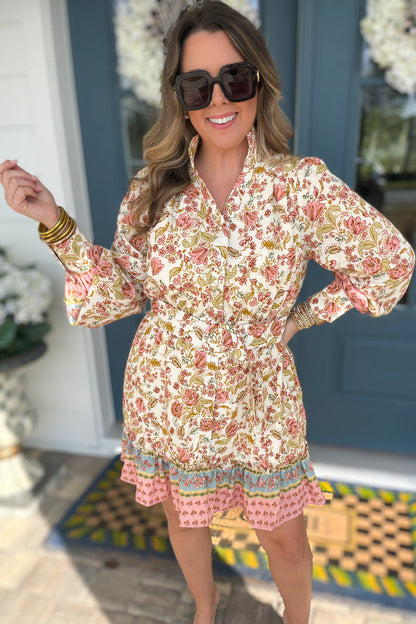 Border Print Self Tie Belt Shirt Dress - B Social Boutique