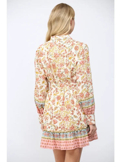 Border Print Self Tie Belt Shirt Dress - B Social Boutique
