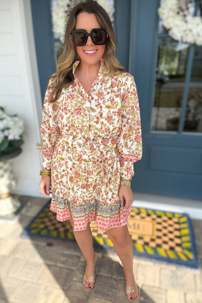 Border Print Self Tie Belt Shirt Dress - B Social Boutique