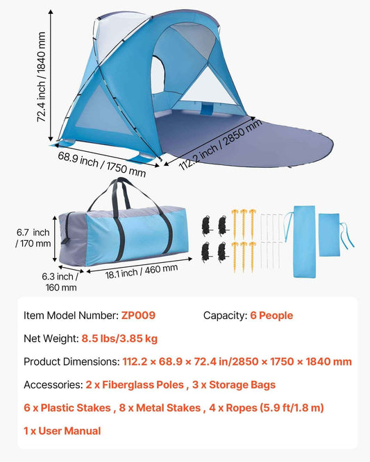 6-Person Beach Tent Sun Shelter – UPF 50+ with Sand Pockets, Mesh Windows & Carry Bag | Black